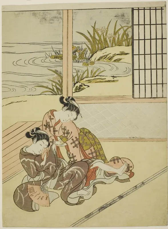 Two Women Strugging for a Fan Wall Art by Suzuki Harunobu - High-Resolution Digital Print