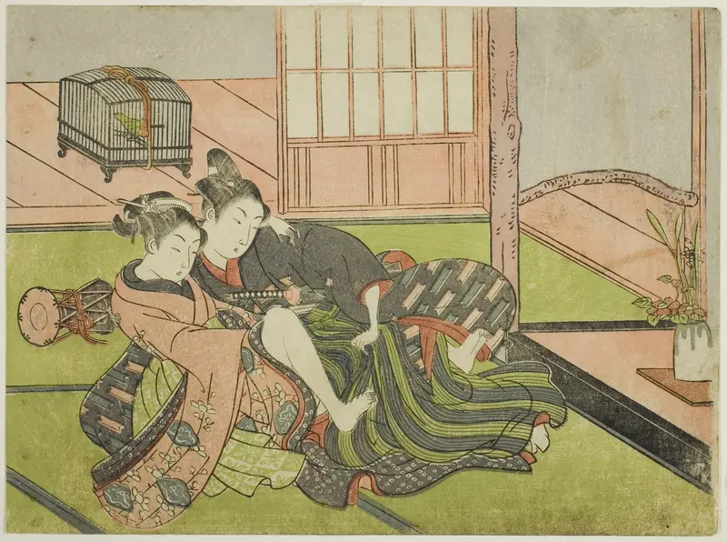 Two Women with Drum Wall Art by Suzuki Harunobu - High-Resolution Digital Print