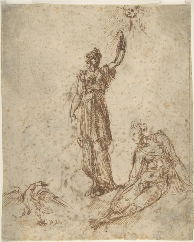 Two Women with Sun and Bird (recto); Two Men Fighting and a Fallen Horse (verso) Wall Art by Anonymous, Italian, Florentine, 16th century - High-Resolution Digital Print