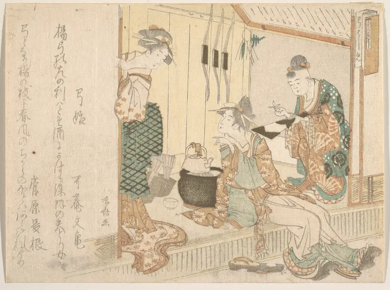 Two Young Ladies Having Tea Attended by Elderly Servant