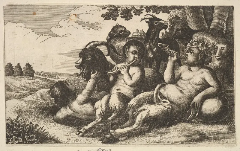 Two young satyrs and a boy (copy in reverse) Wall Art by Wenceslaus Hollar - High-Resolution Digital Print