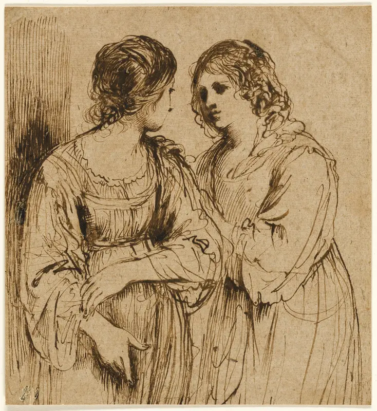 Two Young Women in Conversation Wall Art by Guercino, School of - High-Resolution Digital Print