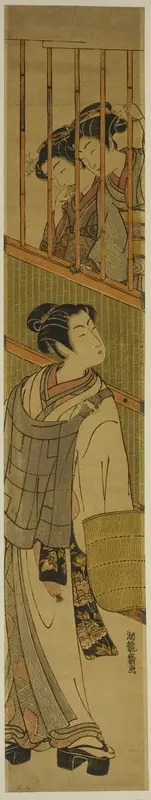 Two Young Women Looking out at Young Man Dressed as Komuso Wall Art by Isoda Koryusai - High-Resolution Digital Print