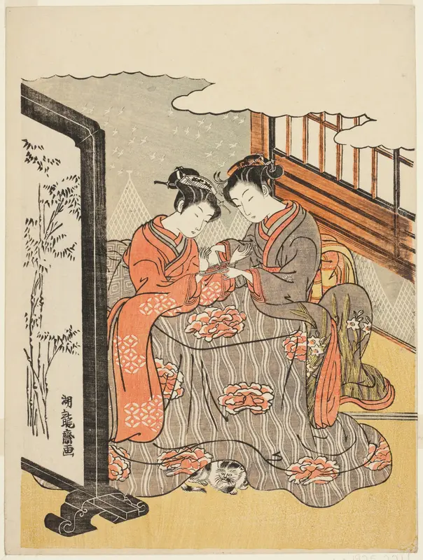 Two Young Women Playing Cat's Cradle Wall Art by Isoda Koryusai - High-Resolution Digital Print