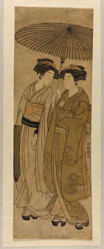 Two Young Women Walking Under an Umbrella Wall Art by Isoda Koryusai - High-Resolution Digital Print