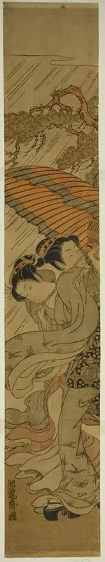 Two Young Women with Umbrella Caught in Rainstorm Wall Art by Isoda Koryusai - High-Resolution Digital Print