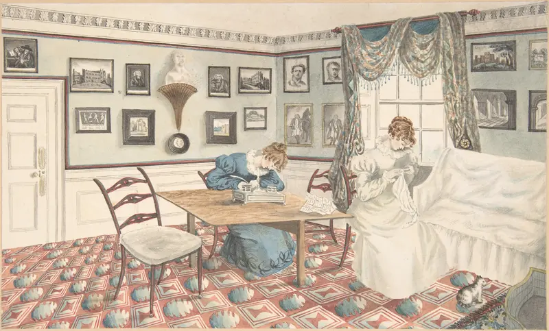 Two young women writing and sewing in an interior at Hatton, Warwickshire Wall Art by Granddaughters of Dr. Samuel Parr - High-Resolution Digital Print