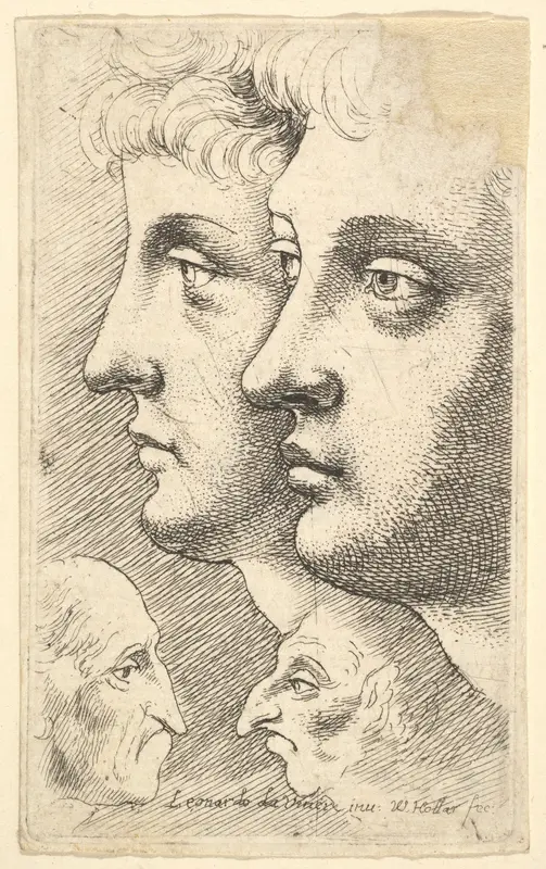 Two youths in profile to left with two grotesque heads facing each other below Wall Art by Wenceslaus Hollar - High-Resolution Digital Print