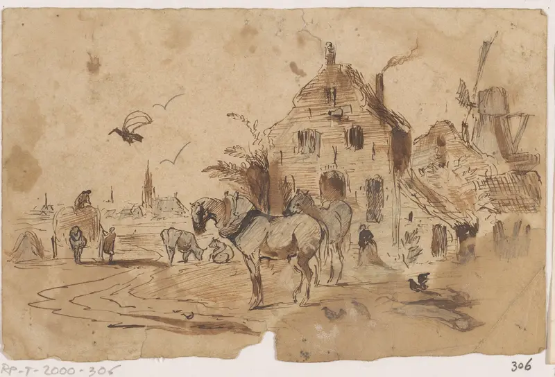 Uitgespannen paarden voor een huis Wall Art by Johannes Tavenraat - High-Resolution Digital Print