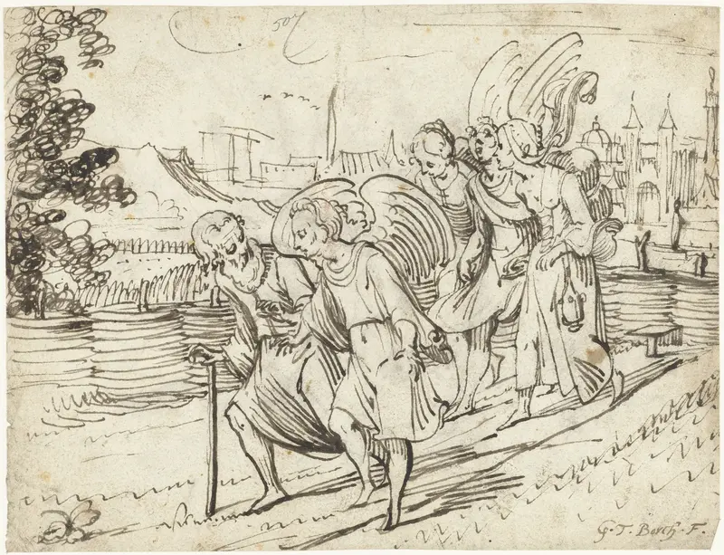 Uittocht van Lot en zijn dochters met de engelen Wall Art by Unknown - High-Resolution Digital Print