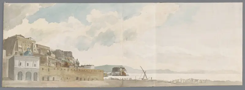 Uitzicht vanaf balkon van de herberg in Napels met onder andere Castel dell'Ovo Wall Art by Louis Ducros - High-Resolution Digital Print