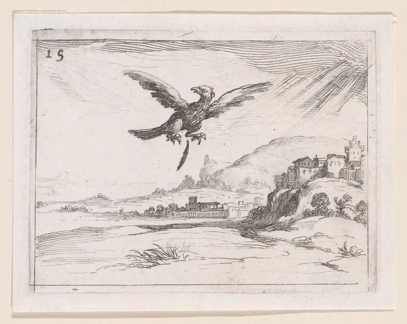 Un Aigle Jetant une Vieille Plume (An Eagle Dropping an Old Feather), plate 15 from "Lux Claustri ou La Lumière du Cloitre" (The Light of the Cloisters) Wall Art by Jacques Callot - High-Resolution Digital Print