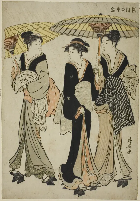 Under Umbrellas in a Shower, from the series "A Brocade of Eastern Manners (Fuzoku Azuma no nishiki)"