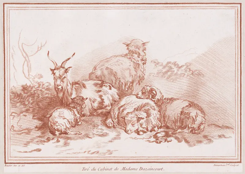 Une chèvre et quatre moutons Wall Art by Gilles Demarteau - High-Resolution Digital Print