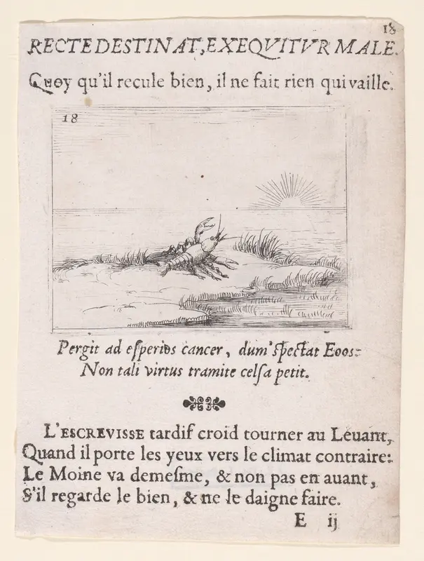 Une Ecrevisse Regardant Le Soleil (A Crayfish Looking at the Sun), plate 18 from "Lux Claustri ou La Lumière du Cloitre" (The Light of the Cloisters) Wall Art by Jacques Callot - High-Resolution Digital Print