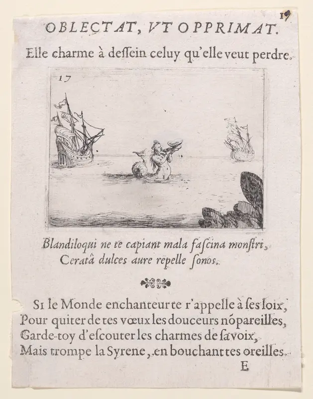 Une Sirène entre deux Vaisseaux (A Siren Between Two Ships), plate 17 from "Lux Claustri ou La Lumière du Cloitre" (The Light of the Cloisters) Wall Art by Jacques Callot - High-Resolution Digital Print