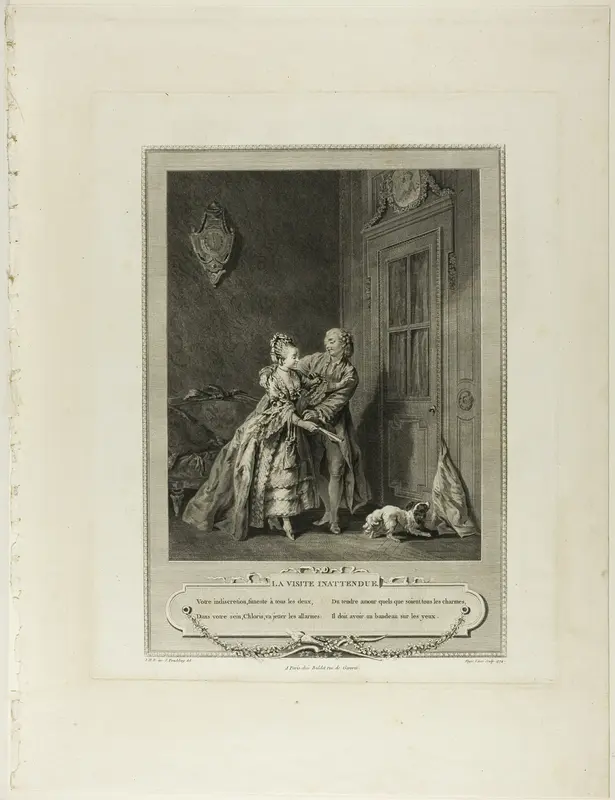 Unexpected Call, from Monument du Costume Physique et Moral de la fin du Dix-huitième siècle Wall Art by Nicolas Joseph Voyez - High-Resolution Digital Print