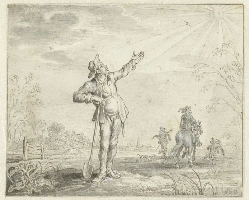 Unhappy Hireling Pointing at the Sun Wall Art by Adriaen Pietersz van de Venne - High-Resolution Digital Print