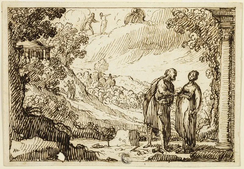 Unidentified Mythological Scene with Man and Woman Conversing in Classical Landscape Wall Art by François Roettiers - High-Resolution Digital Print