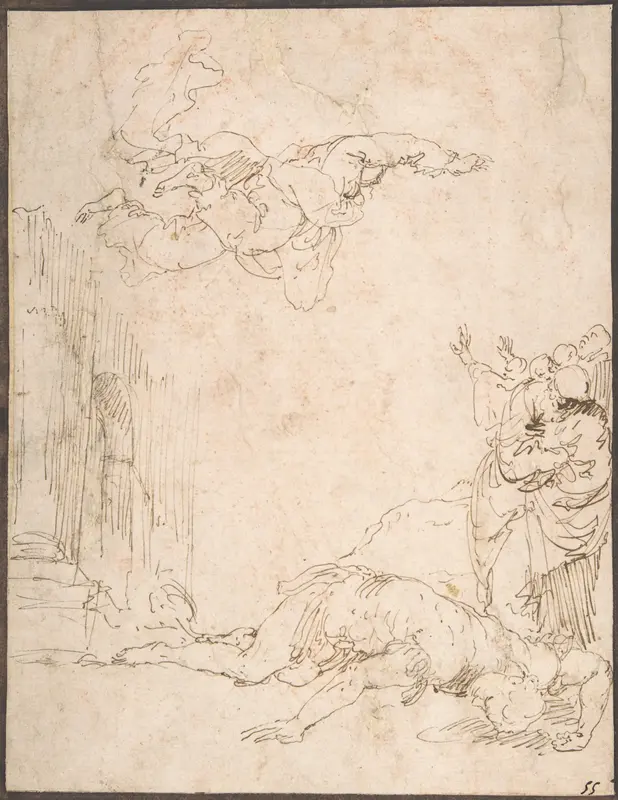 Unidentified Scene: Figures Watching a Fallen Giant and Another Figure Levitating Wall Art by Jusepe de Ribera (called Lo Spagnoletto) - High-Resolution Digital Print