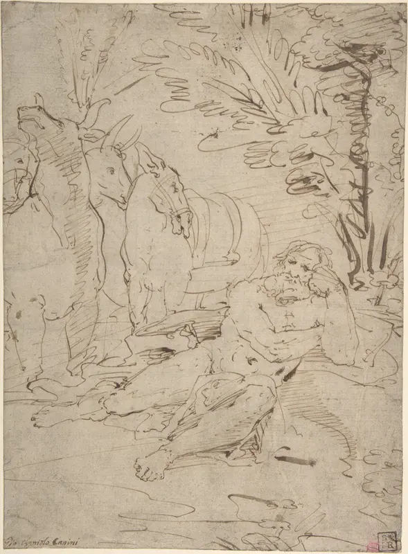 Unidentified Subject: Reclining Nude Male Figure and Cattle Wall Art by Giovanni Angelo Canini - High-Resolution Digital Print