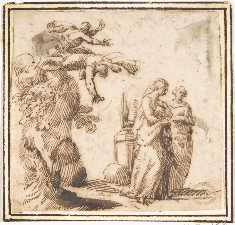 Unidentified Subject (Two Falling Figures and Two Standing Women in a Landscape) Wall Art by Francesco Allegrini - High-Resolution Digital Print