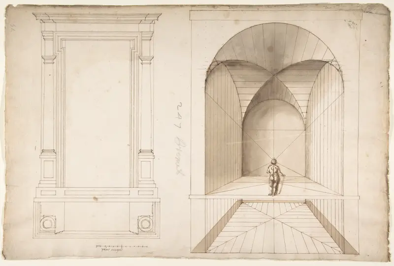 Unknown, portal or niche, plan and elevation; perspective study, interior, square chamber with cross-vault, with a scale figure (recto); blank (verso)