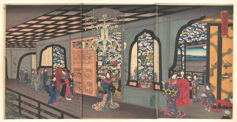 Upper Floor of the Gankirō Tea House in Yokohama Wall Art by Utagawa Hiroshige II - High-Resolution Digital Print