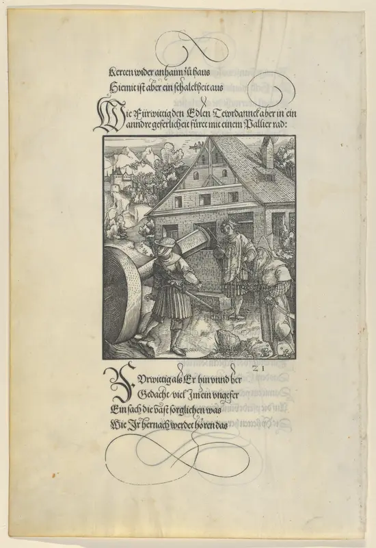 Urged by Fürwittig, Theuerdanck Tries to Manipulate a Polishing Stone, from Theuerdanck Wall Art by Hans Schäufelein - High-Resolution Digital Print