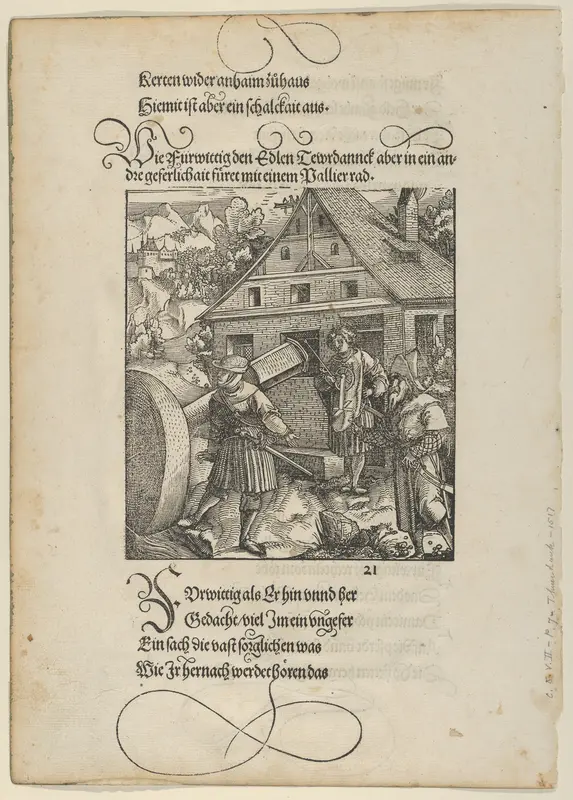 Urged by Fürwittig, Theurerdanck Tries to Manipulate a Polishing Stone, from "Theurerdanck" Wall Art by Hans Schäufelein - High-Resolution Digital Print