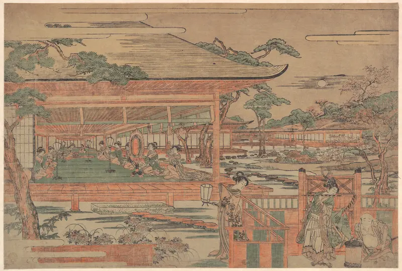 Ushiwaka, the Young Yoshitsune Serenading Jorurihime Wall Art by Kitao Shigemasa - High-Resolution Digital Print