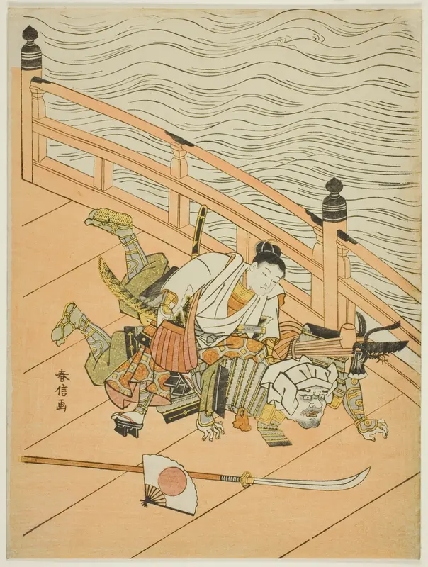 Ushiwakamaru and Benkei fighting on Gojo Bridge Wall Art by Suzuki Harunobu - High-Resolution Digital Print