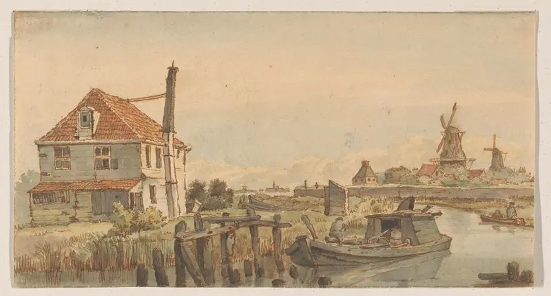 Vaart met een boot, een huis en twee molens Wall Art by George Pieter Westenberg - High-Resolution Digital Print