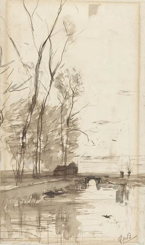 Vaartgezicht met hoge bomen, een boerderijtje en een brug Wall Art by Unknown - High-Resolution Digital Print