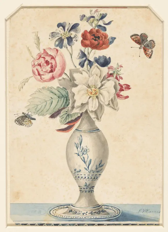 Vaasje met bloemen en een grijsgele vlinder Wall Art by L.W. Garrison - High-Resolution Digital Print