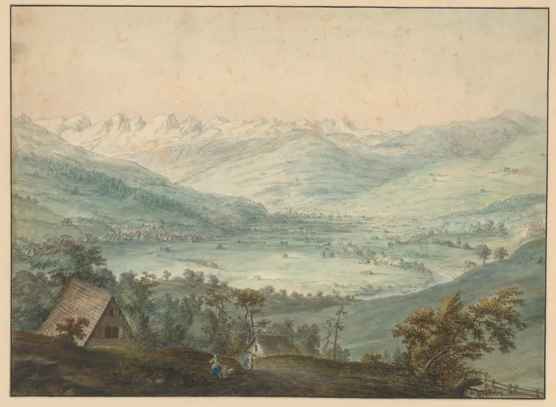 Vallei van een rivier met dorpen en bergen Wall Art by Unknown - High-Resolution Digital Print
