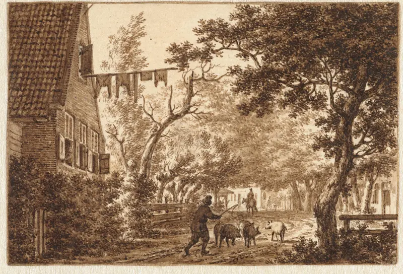 Varkenshoeder op weggetje voor een huis Wall Art by Jacob Cats (1741-1799) - High-Resolution Digital Print
