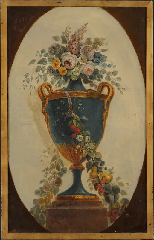 Vase of Flowers Draped with Garlands