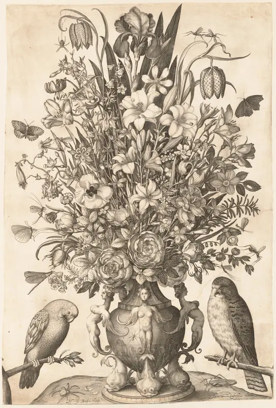 Vase of Flowers with Two Birds Wall Art by Nicolaes de Bruyn - High-Resolution Digital Print