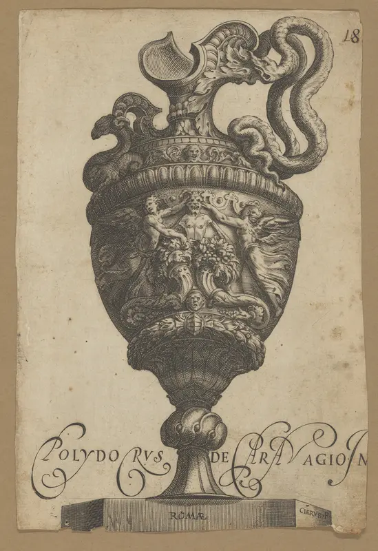 Vase with a monster at center, two cornucopias, and two flanking winged female figures Wall Art by Cherubino Alberti (Zaccaria Mattia) - High-Resolution Digital Print