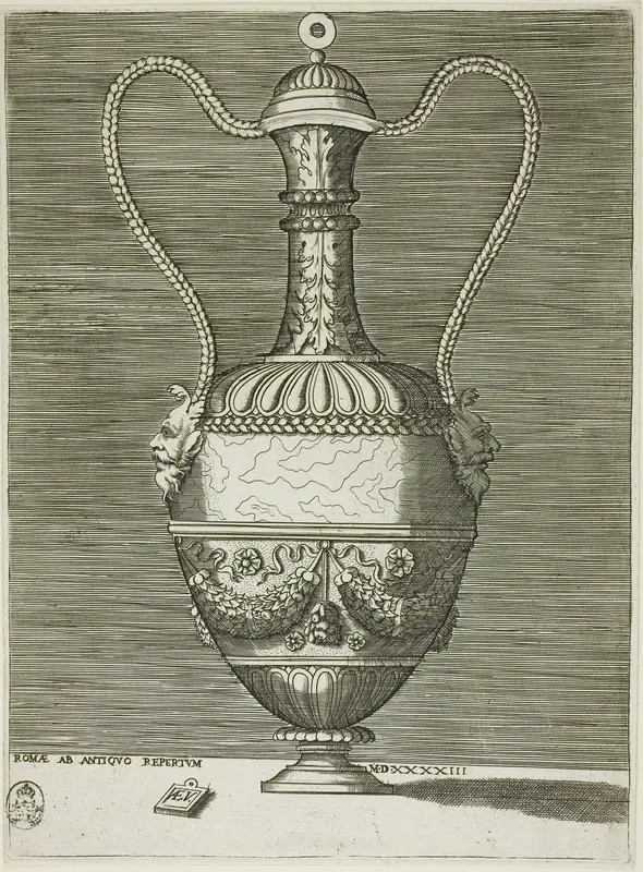 Vase with Two Grotesque Masks, plate six from A Series of Vases Drawn After the Antique Wall Art by Enea Vico - High-Resolution Digital Print