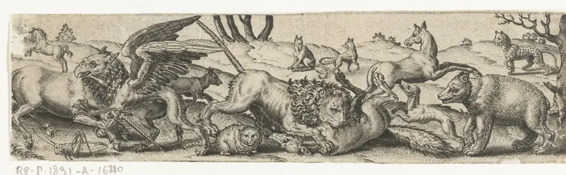 Vechtende dieren in een landschap. Wall Art by Abraham de Bruyn - High-Resolution Digital Print