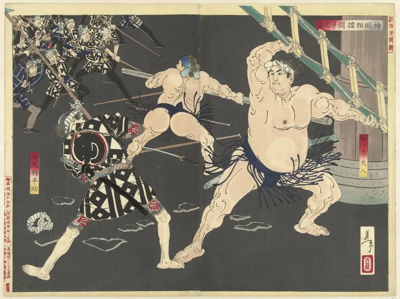 Vechtpartij tussen brandweermannen en sumo worstelaars bij de Shinmei tempel Wall Art by Unknown - High-Resolution Digital Print
