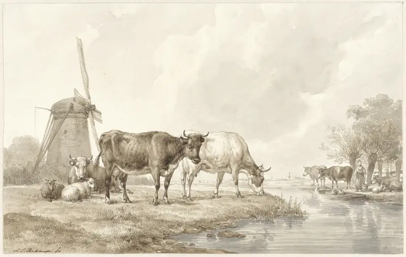 Vee in een weide aan het water nabij een molen Wall Art by Hendrikus van de Sande Bakhuyzen - High-Resolution Digital Print