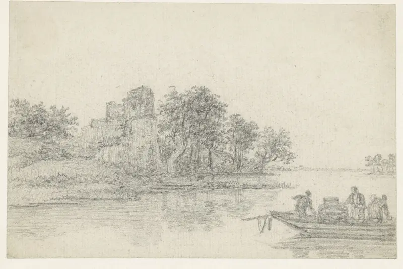 Veerpont van een rivier; links een ruïne Wall Art by Georges Michel - High-Resolution Digital Print