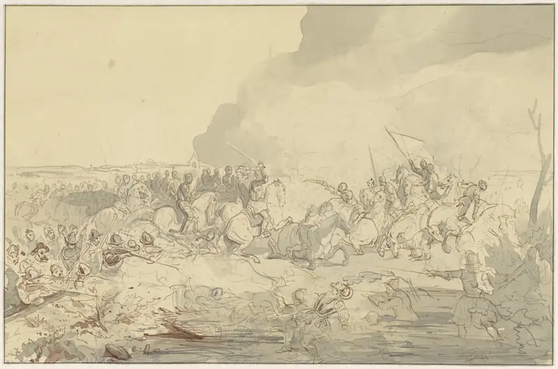 Veldslag tussen ruiterij en voetvolk in 16e-eeuwse kledij Wall Art by Charles Rochussen - High-Resolution Digital Print