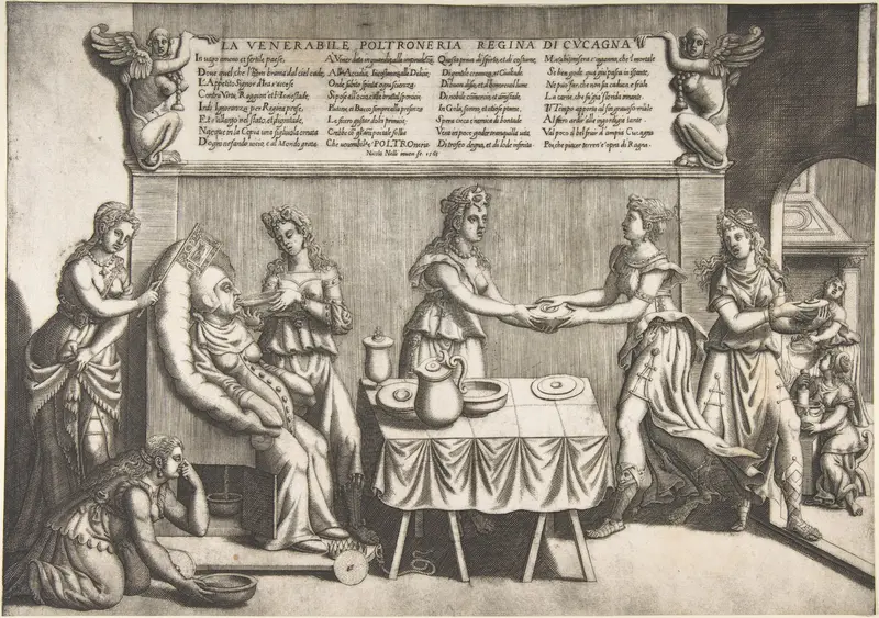 Venerable Idleness, Queen of Cockaigne; a fat woman seated on a movable toilet chair being waited on and fed by seven women Wall Art by Nicolò Nelli - High-Resolution Digital Print