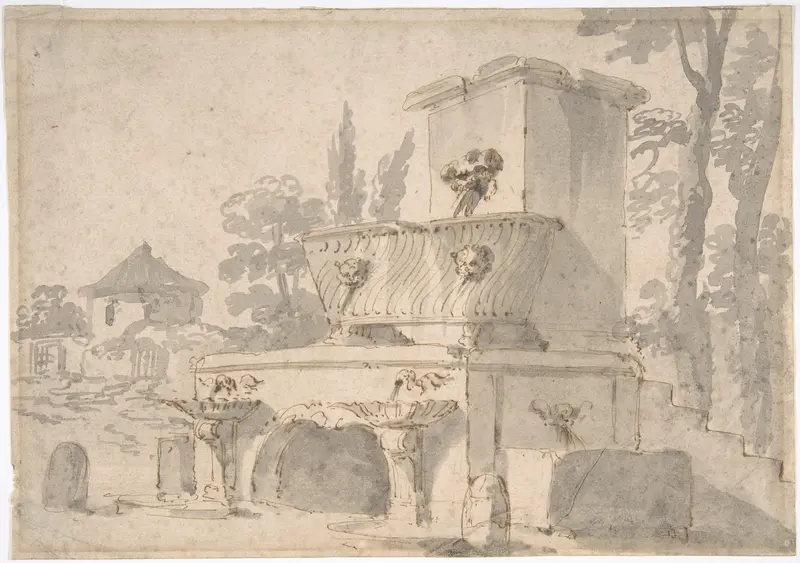 Venetian Capriccio: Landscape with a Farm Building, Sarcophagus, and Fountain (recto); Monument (verso) Wall Art by Giuseppe Bernardino Bison - High-Resolution Digital Print
