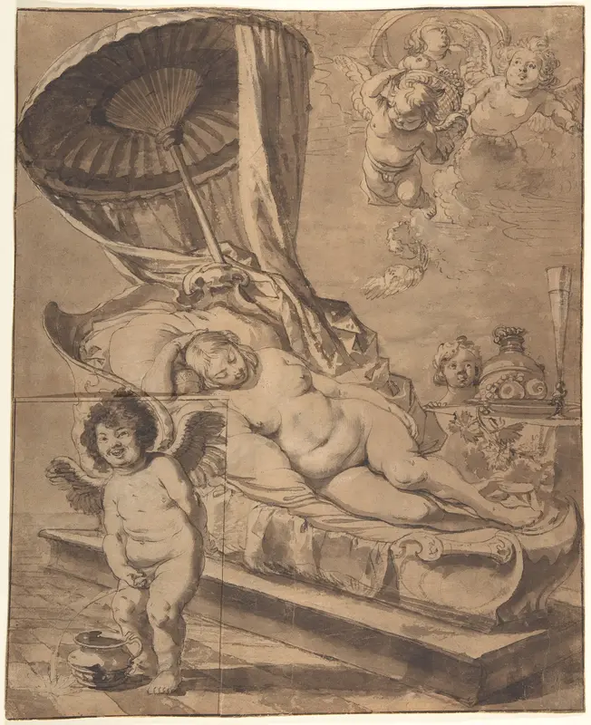 Venus and Cupid (recto); Studies of a Woman (verso) Wall Art by Nikolaus Knüpfer - High-Resolution Digital Print