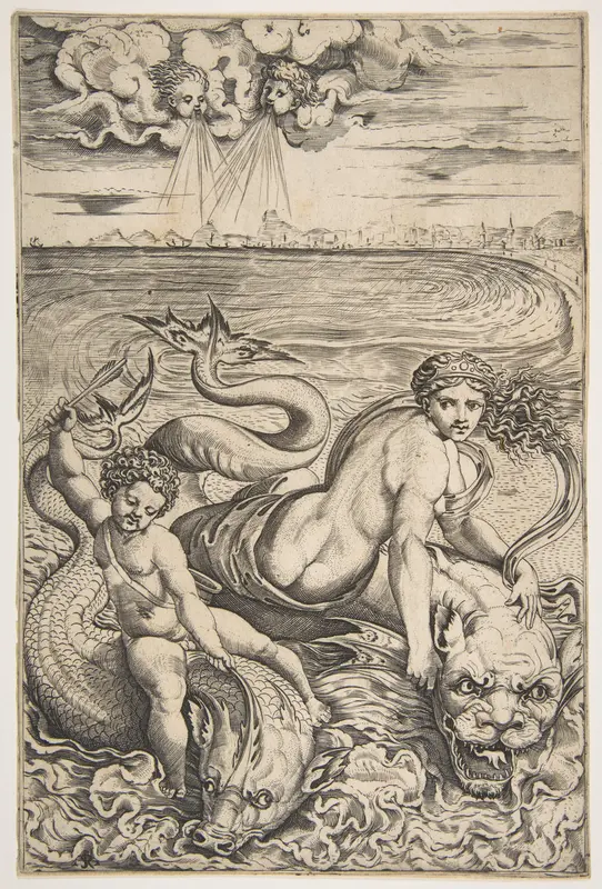 Venus and Cupid riding two sea creatures, Cupid raising an arrow with his right hand and two heads representing wind in the clouds above